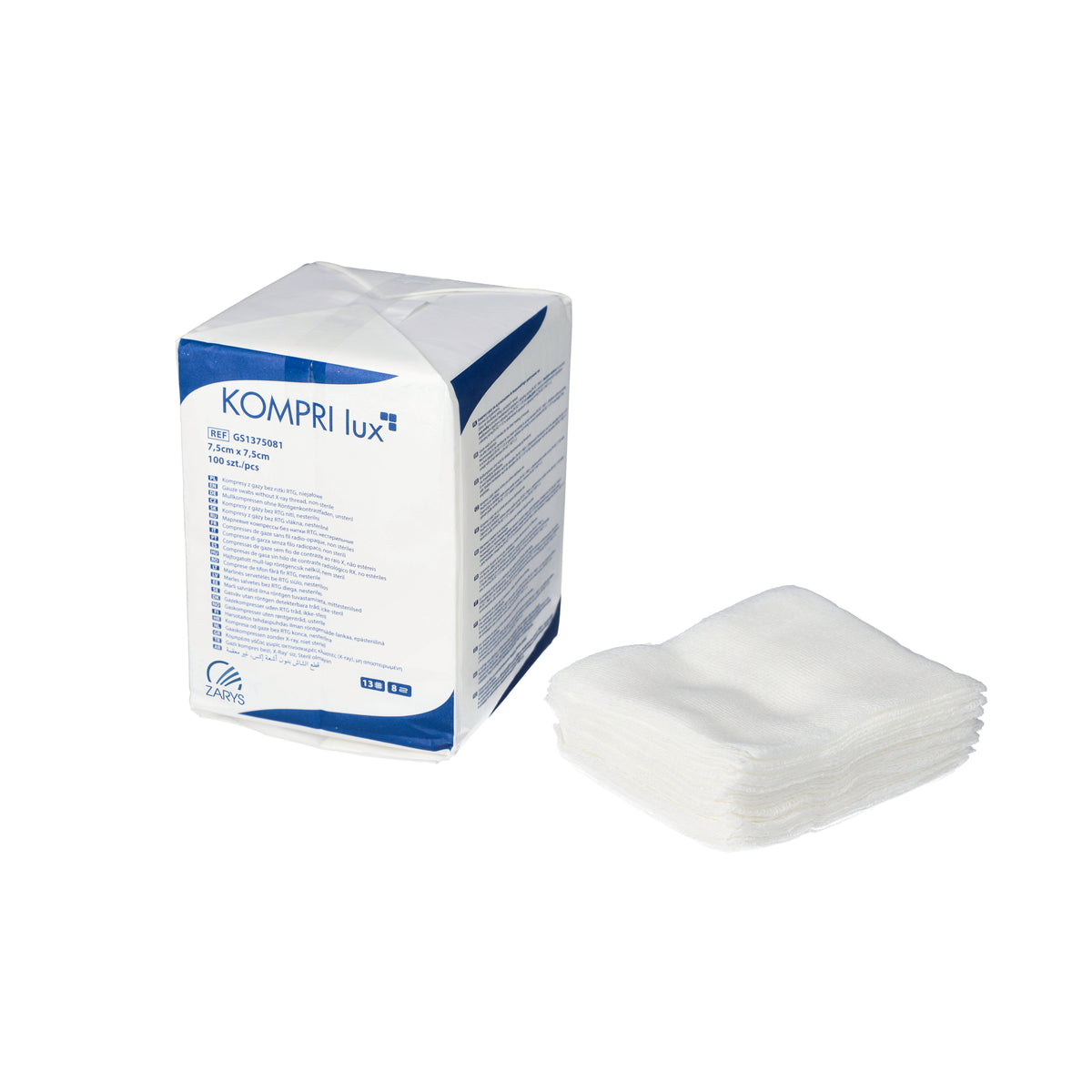Zarys KOMPRI lux compresses de gaze sans fil radiodétectable, non stériles 17ème 8 plis 7,5cmx7,5cm - Carton de 90 sachets de 100