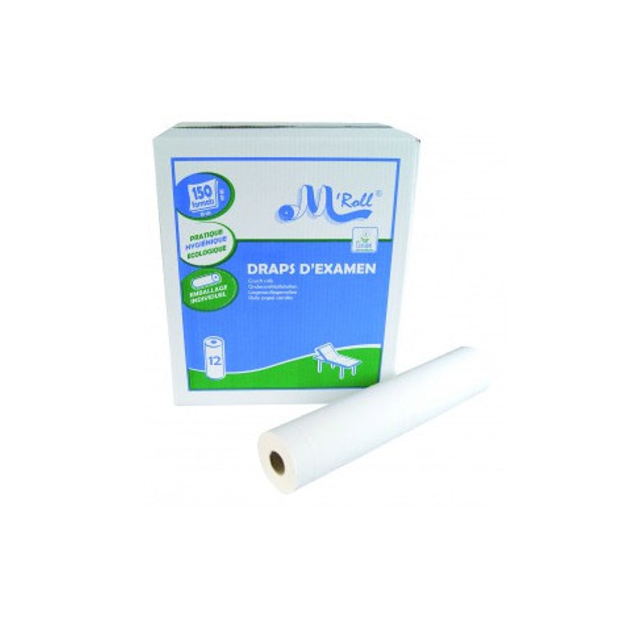 GH groupe - Drap d'Examen Médical M'Roll - Ouate Recyclée - 150 Formats - 50 x 35 cm - Carton de 12 rouleaux