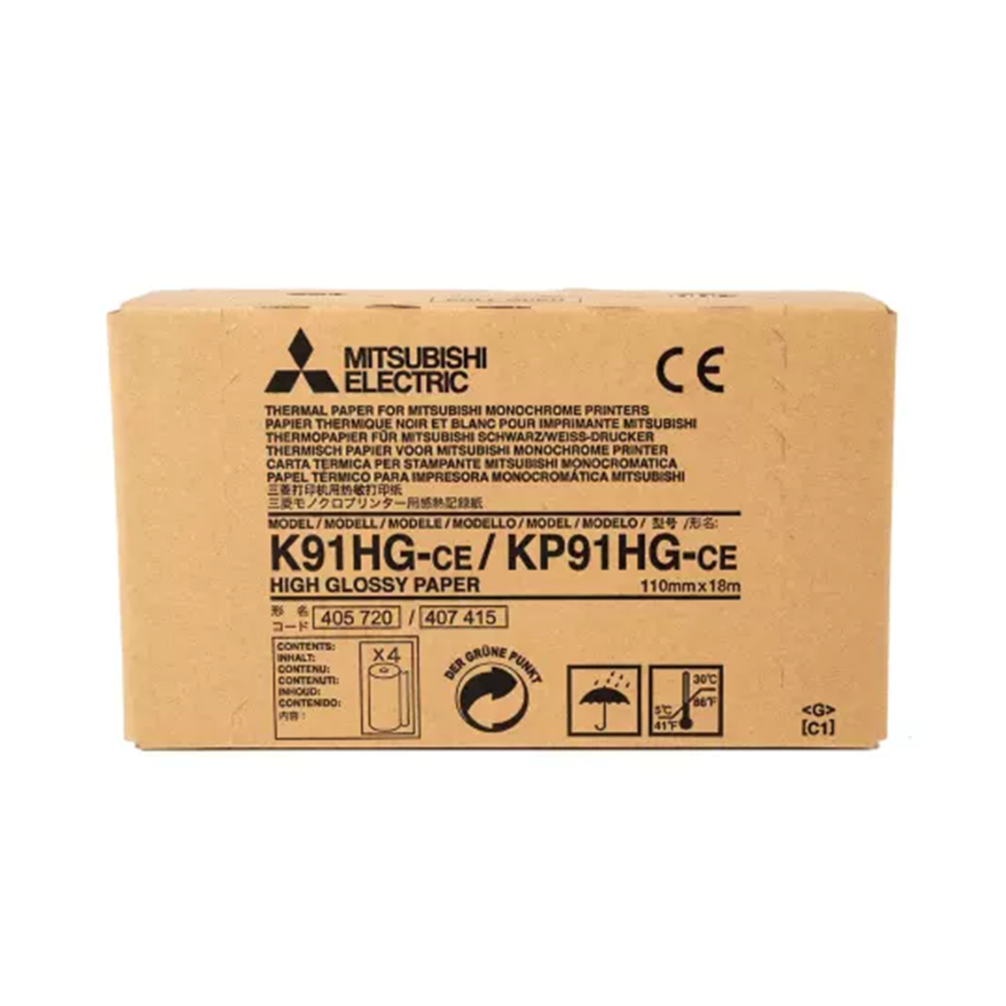 Papier thermique haute brillance Mitsubishi K91HG / KP91HG - 110 mm X 18 m - 1 Boite de 4 rouleaux