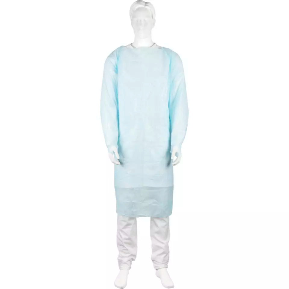 Abena - Tablier plastique jetable avec manches et passe-pouces – Bleu - Carton de 200 pièces