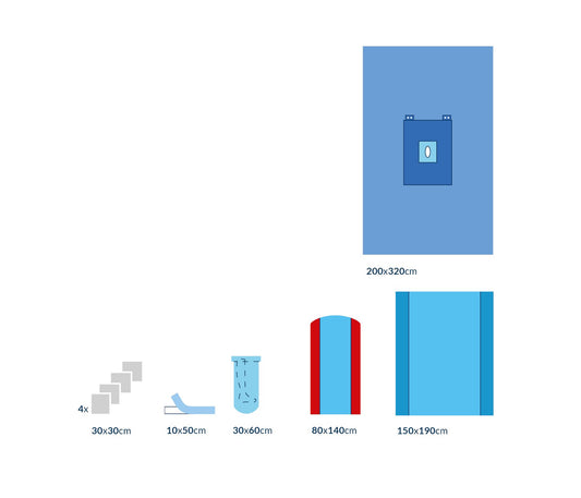 Set d'arthroscopie stérile comfort avec champ fenêtré élastique, serviettes absorbantes, ruban OP, couvre membres, housse mayo et housse de table - Carton de 14 pièces