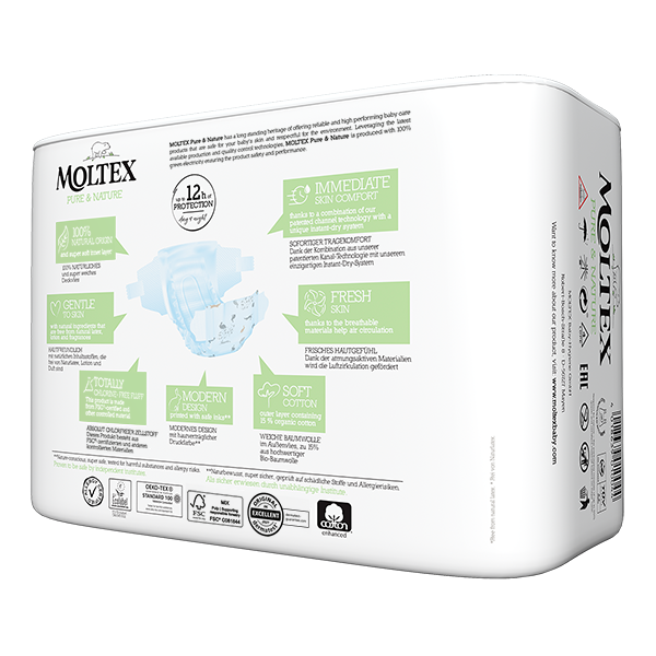 Moltex - Pure&Nature - Couche bébé - Mini - 3/6kg - Sachet de 38 pièces