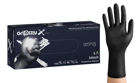 Zarys Gants Gripzzly Nitrile - X, non poudrés, manchette allongée, noirs, taille : L - Carton de 10 boîtes de 100