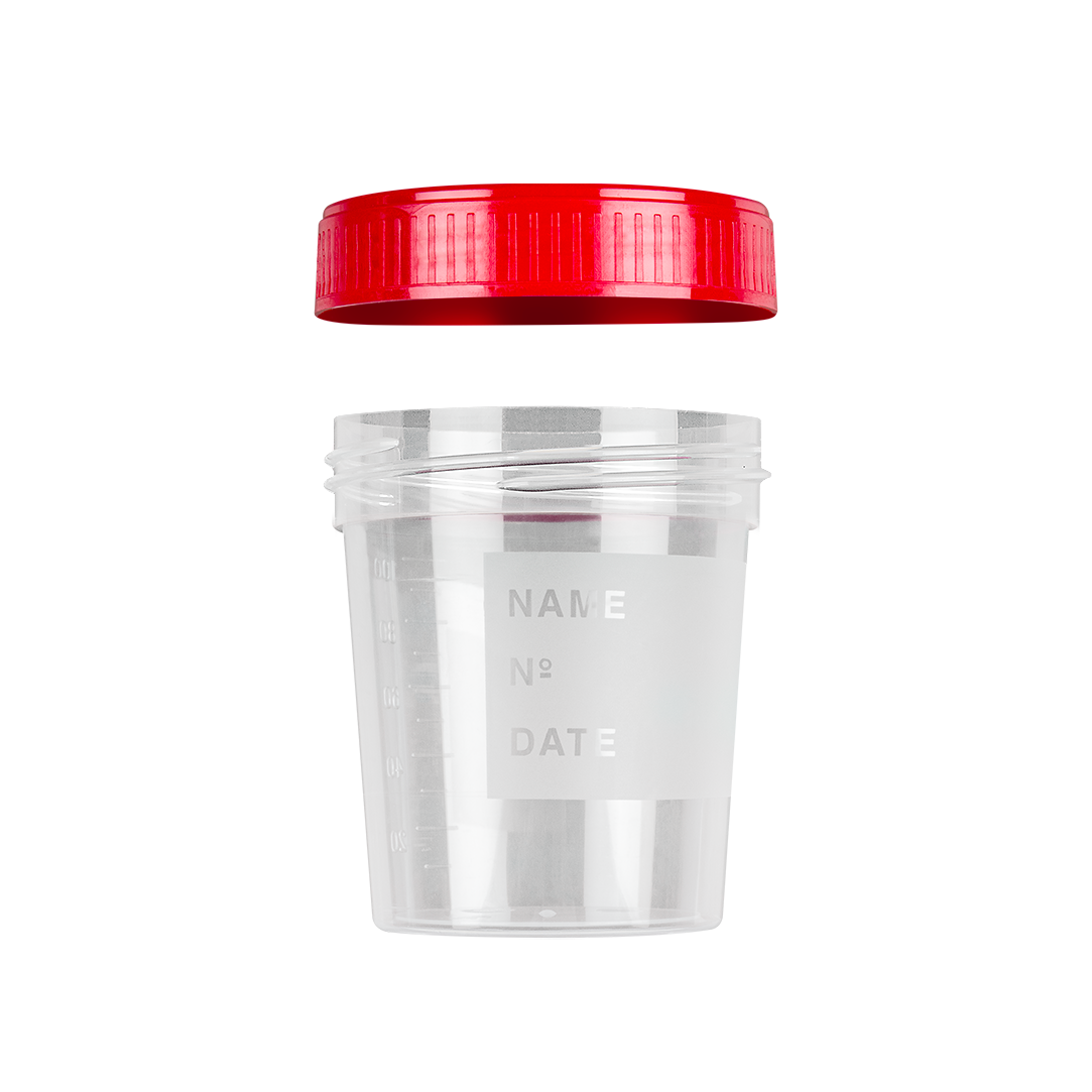 Pots à urine 120 ml avec étiquette avec bouchon à vis séparé  - Carton de 500 pièces