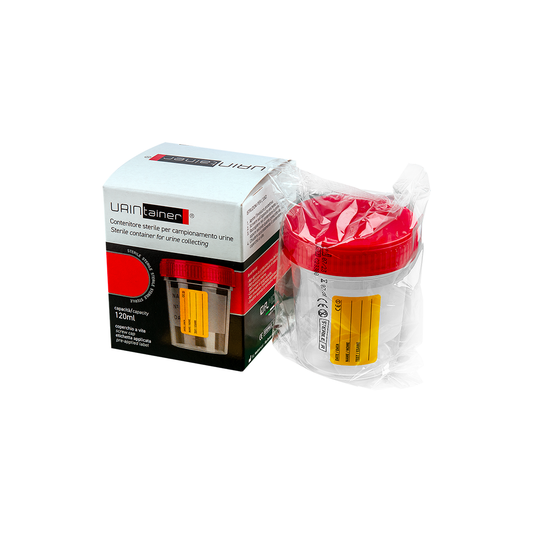 Pots à urine stérile 120 ml en PP avec couvercle à vis rouge, emballé individuellement en boîte unitaire - Carton de 100 pièces