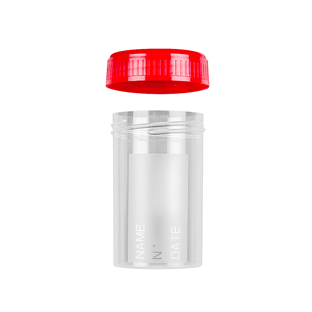 Pots à urine 60 ml avec étiquette avec bouchon à vis séparé  - Carton de 500 pièces