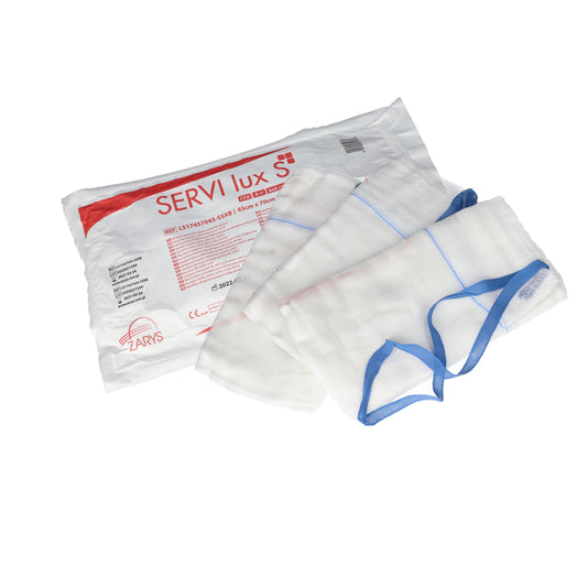 Zarys SERVI lux S Éponges de gaze avec fil radiologique et ceinture, 17ème 4 plis 75cmx90cm - Carton de 40 sachets de 2
