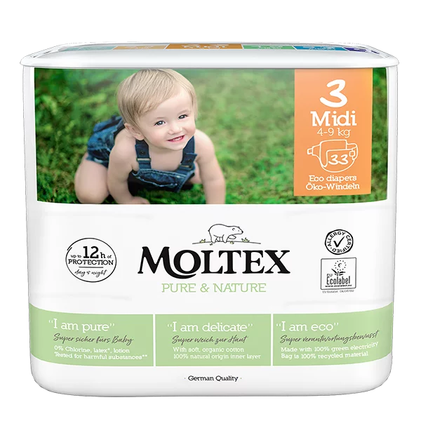 Moltex - Pure&Nature - Couche bébé - Midi - 4/9kg - Sachet de 33 pièces