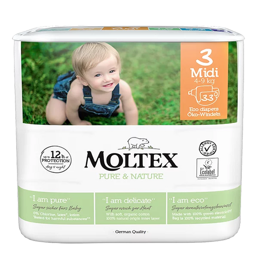 Moltex - Pure&Nature - Couche bébé - Midi - 4/9kg - Sachet de 33 pièces