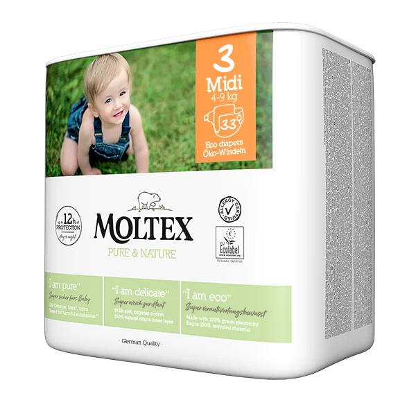 Moltex - Pure&Nature - Couche bébé - Midi - 4/9kg - Sachet de 33 pièces