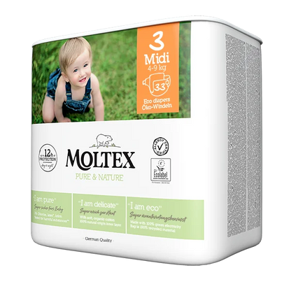 Moltex - Pure&Nature - Couche bébé - Midi - 4/9kg - Sachet de 33 pièces