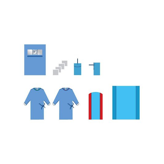 Kit d'ophtalmologique stérile comfort avec champ fenêtré pour incision, pochette de collecte de liquides, serviettes absorbantes, couvre bras, blouses chirurgicales, housse mayo et housse de table - 1 kit