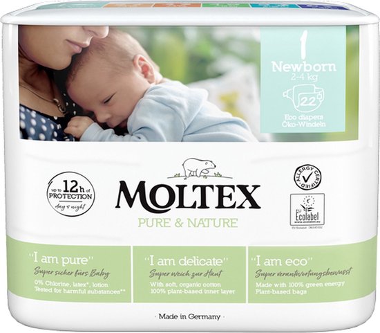 Moltex - Pure&Nature - Couche bébé - New Born - (Nouveau né) - 2/4kg - Sachet de 22 pièces