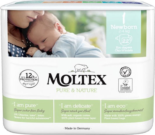 Moltex - Pure&Nature - Couche bébé - New Born - (Nouveau né) - 2/4kg - Sachet de 22 pièces