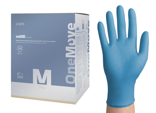 Zarys mediCARE nitrile OneMove, gants d'examen en nitrile, non poudrés, taille M (250 unités) - Carton de 8 boîtes de 250