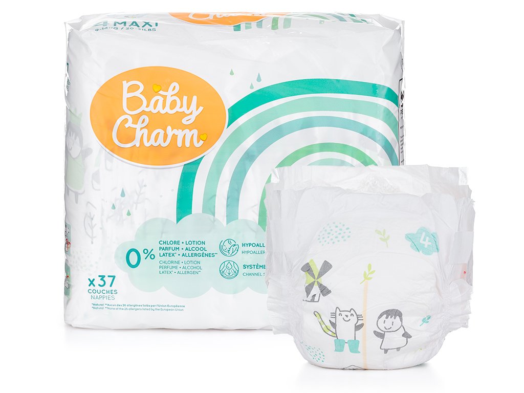BabyCharm - Couche Bébé Taille 4 Maxi (9-14k) - Sachet de 37 pièces
