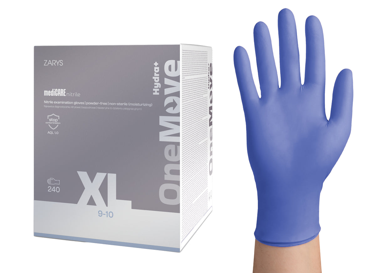 Zarys mediCARE nitrile OneMove Hydra+ - Nitrile gants d'examen hydratants, non poudrés, non stériles taille : XL - A240 bleu violet - Carton de 8 boîtes de 240