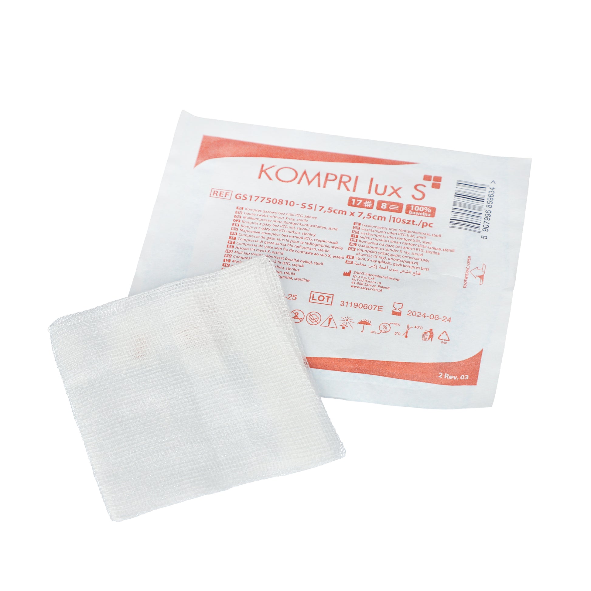 Zarys KOMPRI lux S compresses de gaze stériles sans fil radiodétectable 17ème 8 plis 7,5cmx7,5cm - Carton de 400 sachets de 10