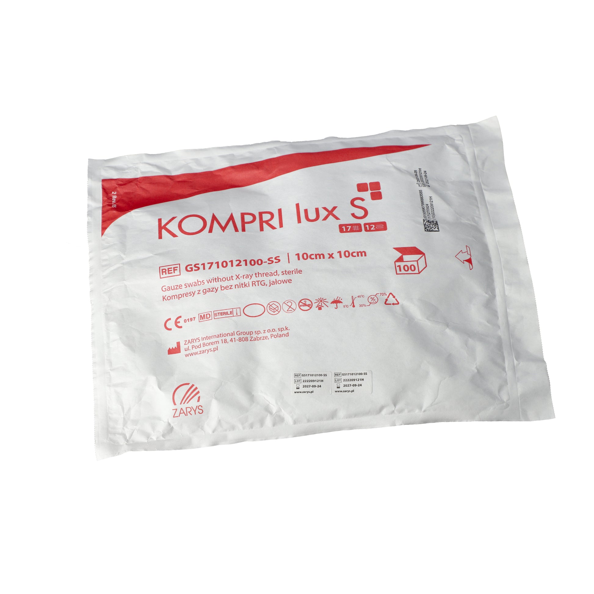 Zarys KOMPRI lux S compresses de gaze stérile 17N 12W 10cmx10cmx100 pcs. (vapeur) - Carton de 32 sachets de 100