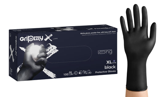 Zarys Gants Gripzzly - X en nitrile, non poudrés, manchette allongée, noirs, taille : XL - Carton de 10 boîtes de 100