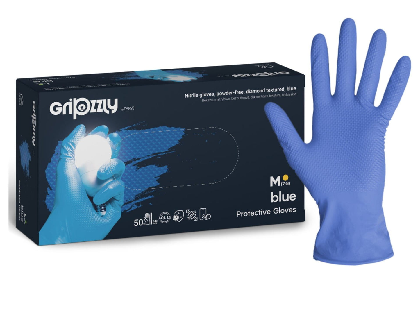 Gants de protection extra fort et résistant, Bleu, Nitrile, texture diamant - Boite de 50 pièces