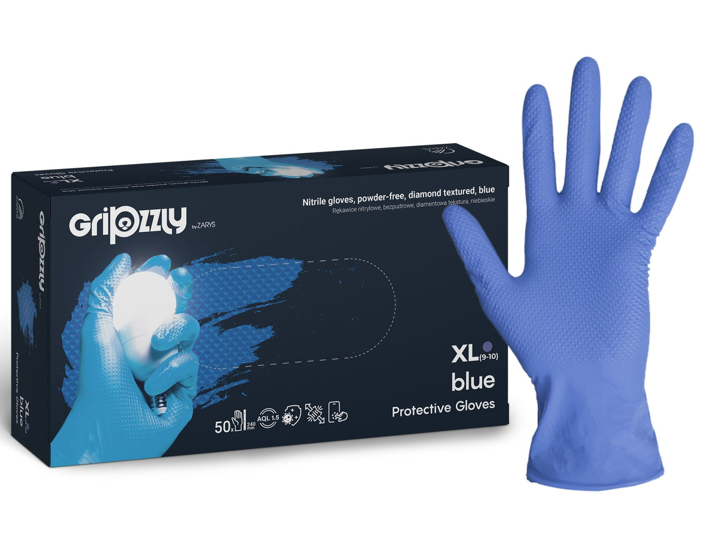 Gants de protection extra fort et résistant, Bleu, Nitrile, texture diamant - Boite de 50 pièces