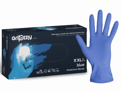 Gants de protection extra fort et résistant, Bleu, Nitrile, texture diamant - Boite de 50 pièces