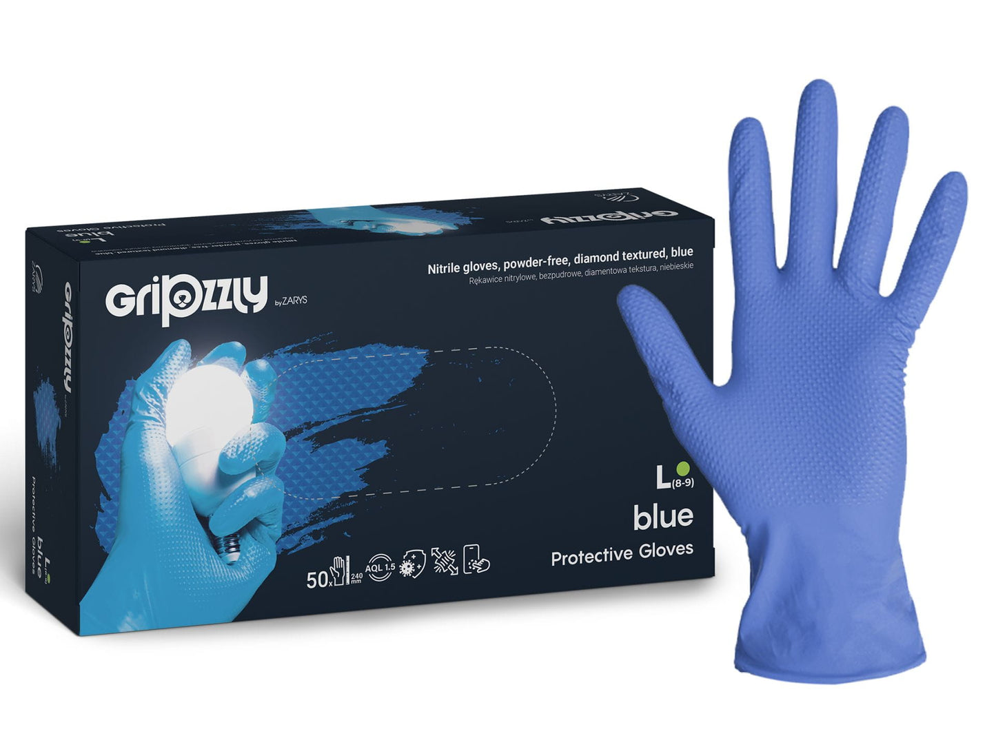 Gants de protection extra fort et résistant, Bleu, Nitrile, texture diamant - Boite de 50 pièces
