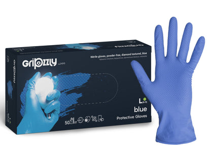 Gants de protection extra fort et résistant, Bleu, Nitrile, texture diamant - Boite de 50 pièces