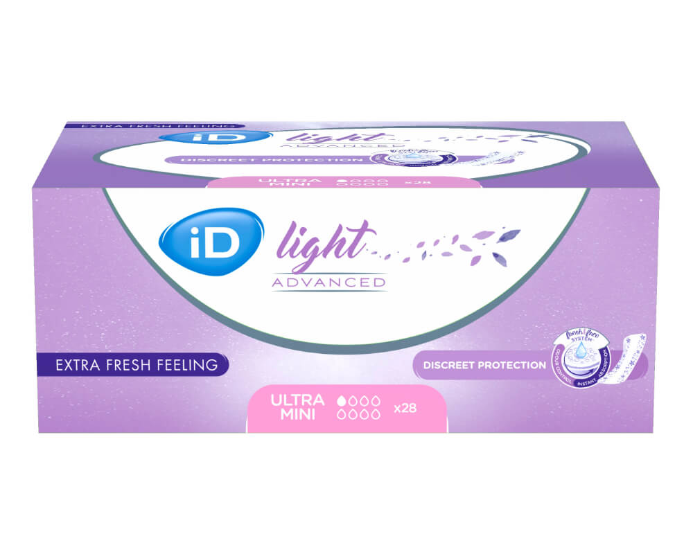 Ontex - Protection urinaire femme iD light Ultra Mini - Carton de 12 Boites de 28 pièces