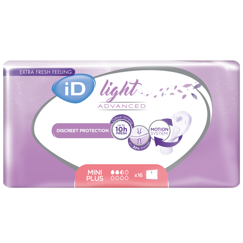 Ontex - Protection urinaire femme iD Light Advanced Mini Plus - Carton de 18 sachets de 16 Pièces